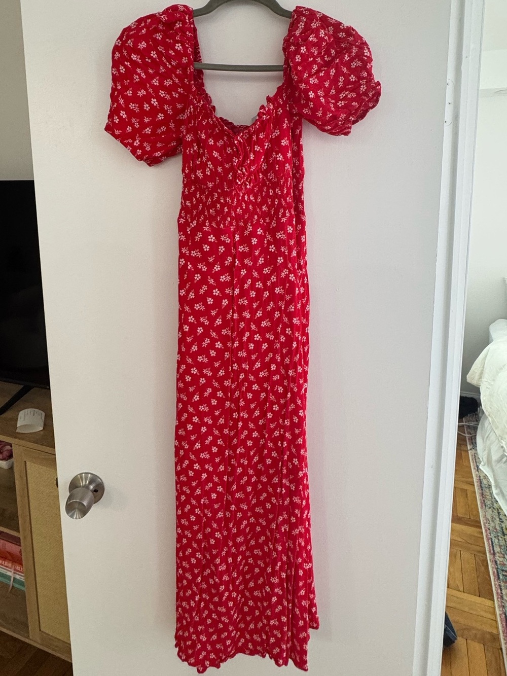 Red Puff Sleeve Floral Maxi Dress